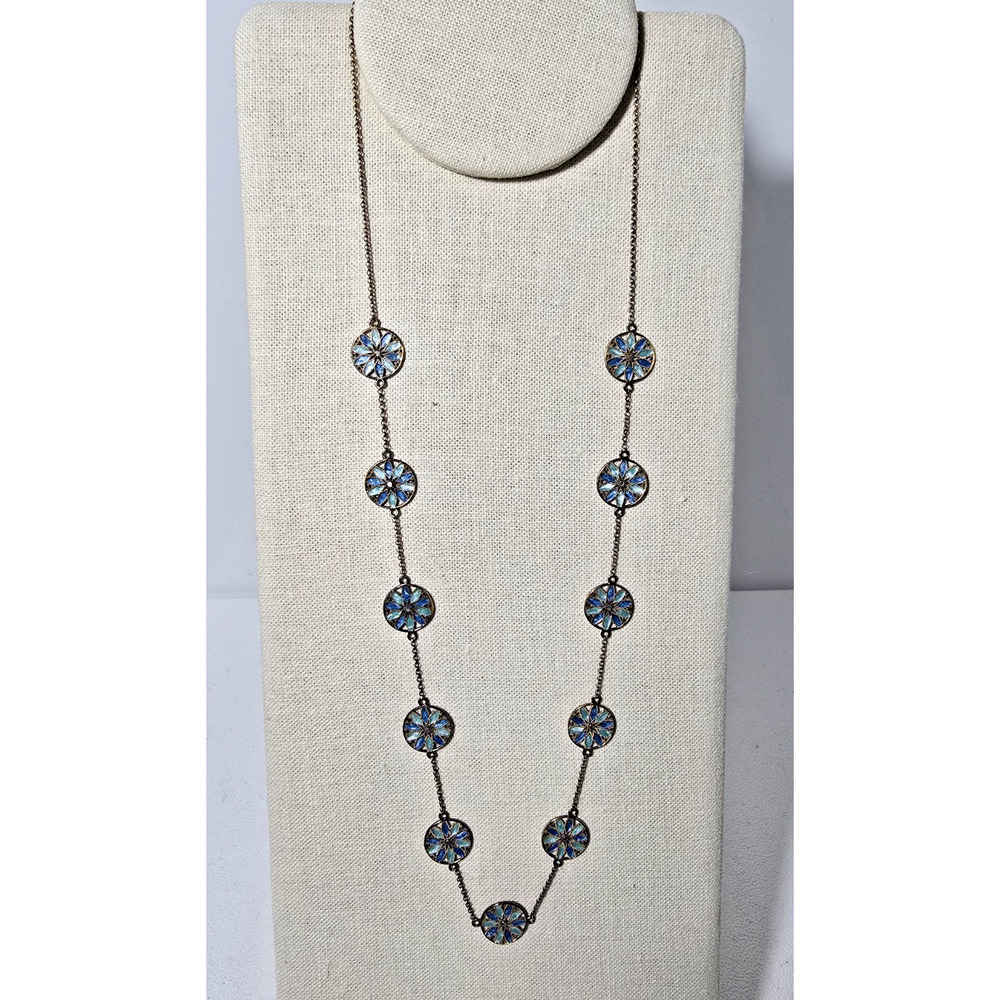 ITALY DYADEMA VERMEIL STERLING BLUE & GREEN ENAMEL FLORAL PETAL NECKLACE